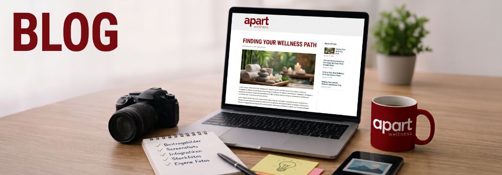 Schreibtisch mit Laptop, der den apart wellness Blogbeitrag zeigt, umgeben von Kamera, Notizblock und einer apart wellness Tasse