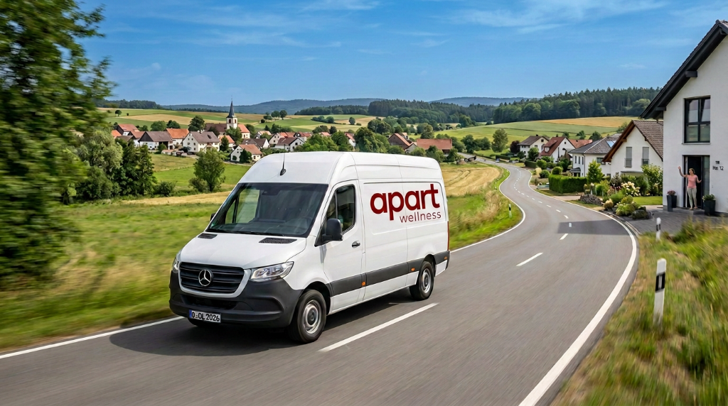 apart wellness Lieferfahrzeug unterwegs auf dem Land, auf dem Weg zu einer Montage