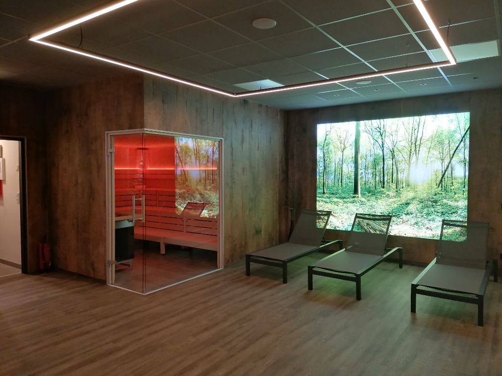 Wellnessbereich mit Sauna-Kabine, Liegen und Waldmotiv-Wandbild