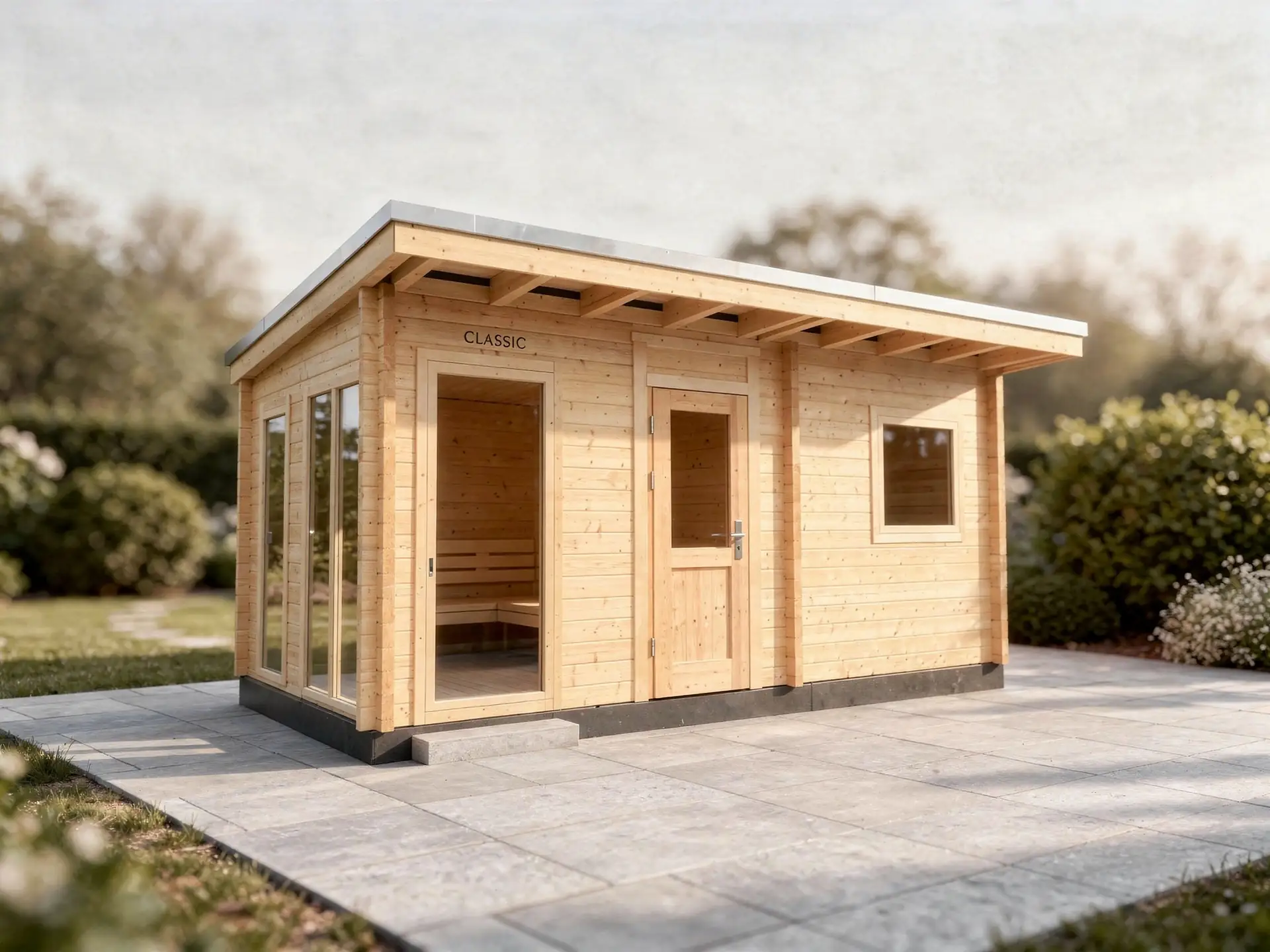 CLASSIC – Außensauna von apart wellness: Gartenhaus-Design mit Flachdach und Glasfront