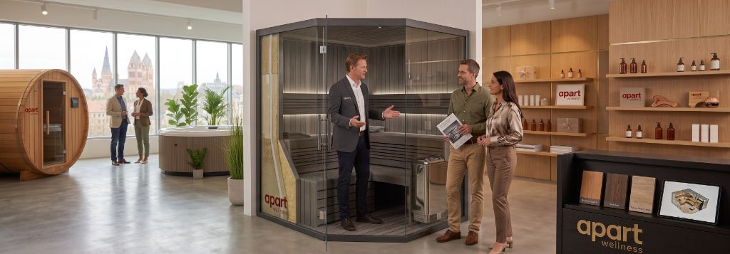 apart wellness Showroom: Berater im Gespräch mit einem Kundenpaar vor einer Sauna-Kabine